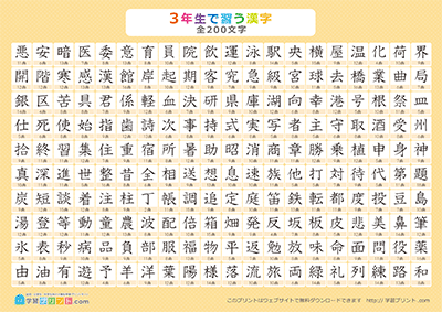 小学3年生の漢字一覧表（画数付き） オレンジ A4